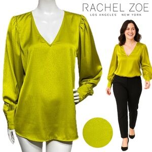 RACHEL ZOE Chartreuse Satin V-Neck Long Sleeve Puff Cuff Blouse Top Size Medium